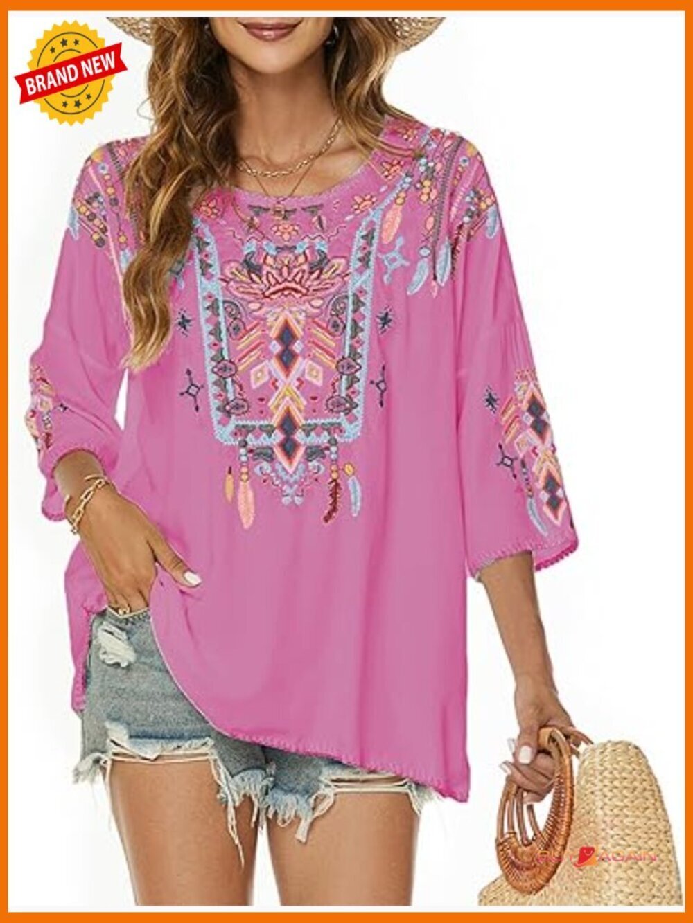 Mexican Embroidered Bohemian Blouse 3/4 Sleeve V-Neck Loose Fit Tunic
